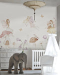 Children's room with tree wall decal, swing, and rocking horse.