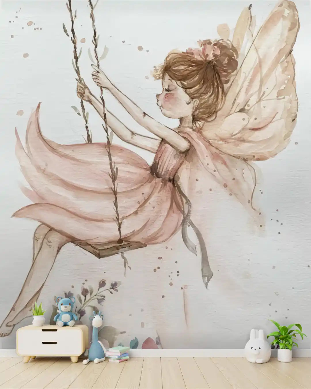 Wall mural of a fairy on a swing with toys below in a room.