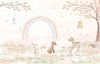 Woodland scene with deer, rainbow, and cherry blossom trees in a soft pastel color palette.