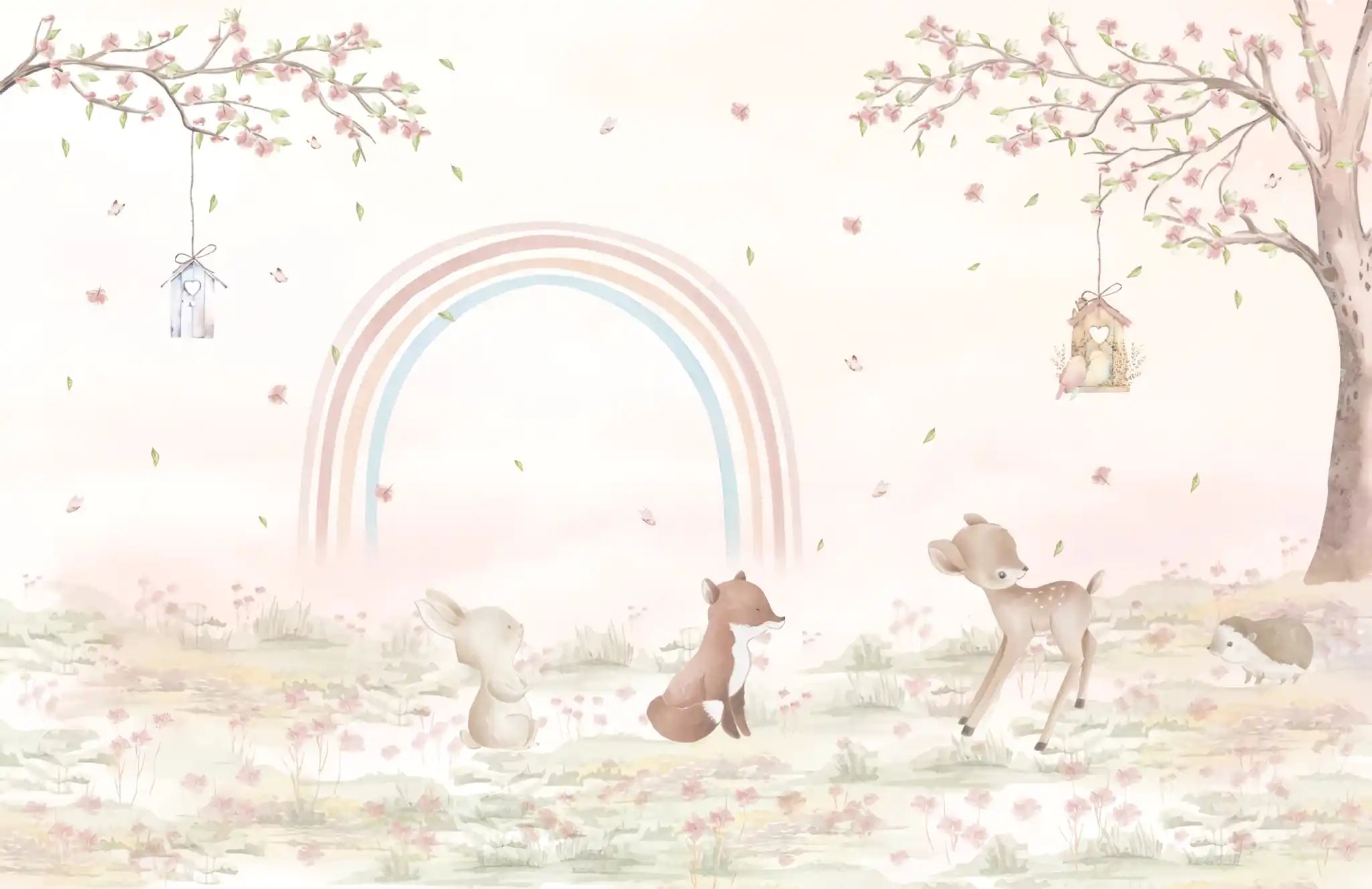 Woodland scene with deer, rainbow, and cherry blossom trees in a soft pastel color palette.