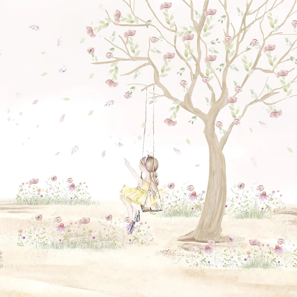 Wall mural of a fairy on a swing with toys below in a room.