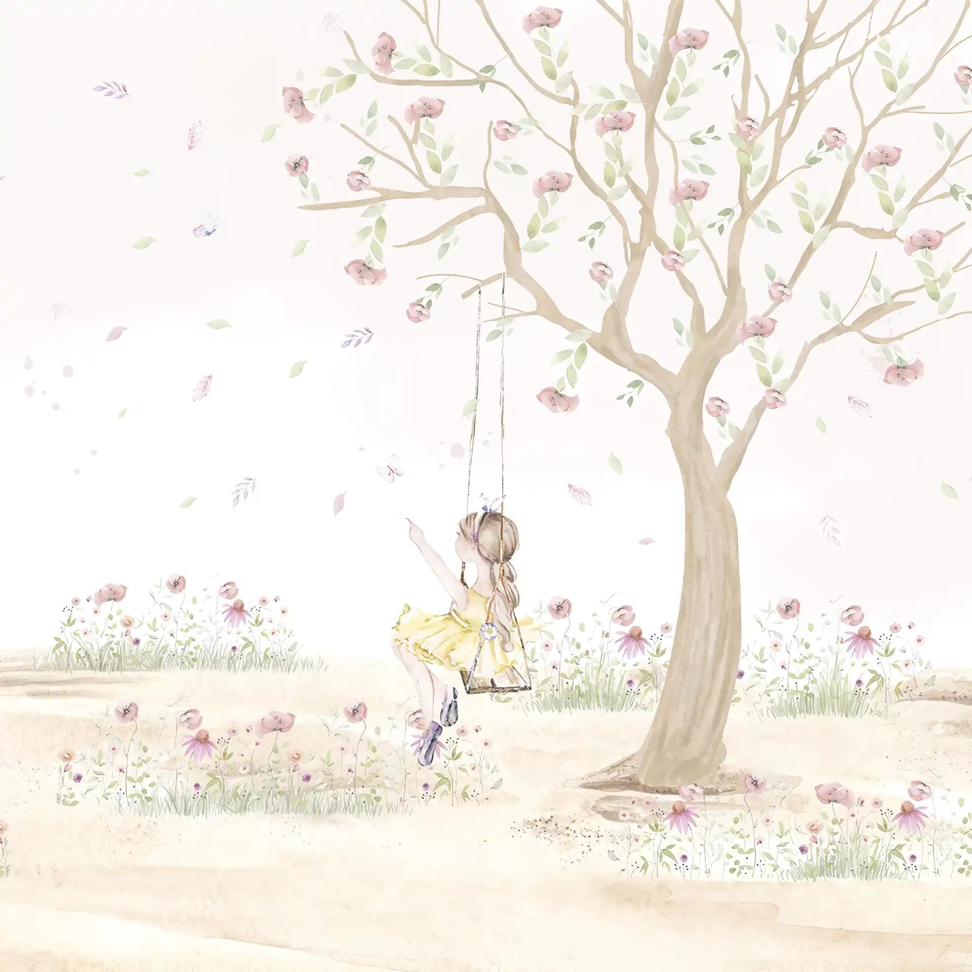 Wall mural of a fairy on a swing with toys below in a room.