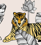 Illustration of a tiger with a lotus flower and traditional pots on a beige background