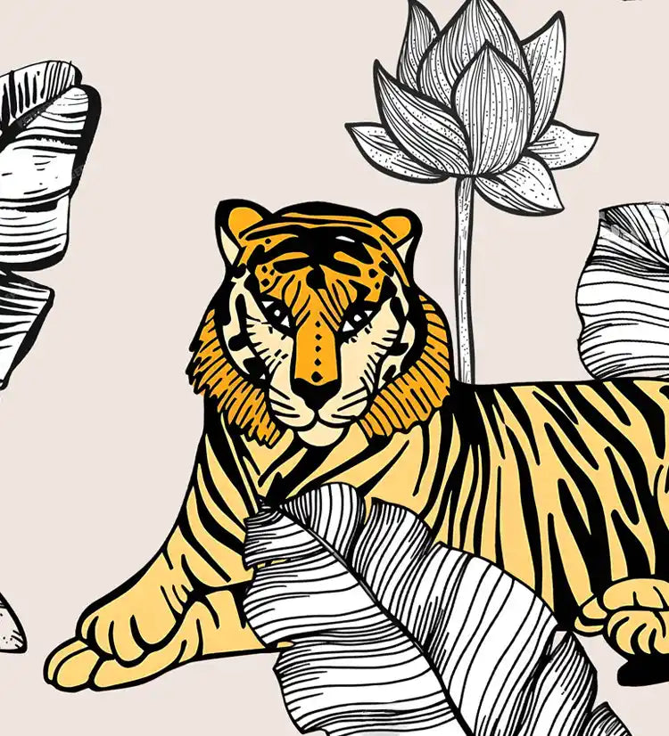 Illustration of a tiger with a lotus flower and traditional pots on a beige background