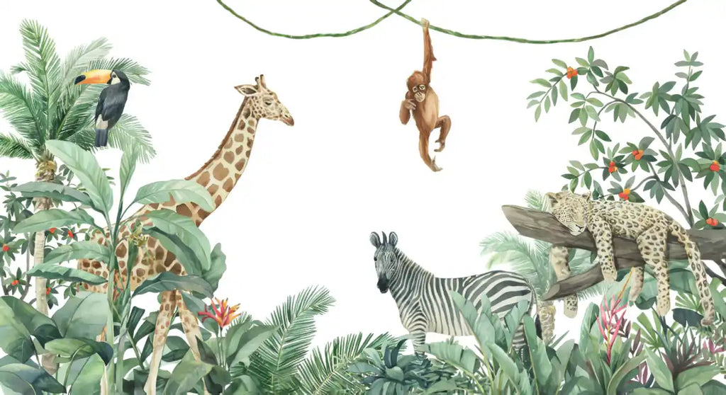 Illustration of various jungle animals including a giraffe, zebra, and monkey among foliage.