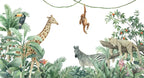 Illustration of various jungle animals including a giraffe, zebra, and monkey among foliage.