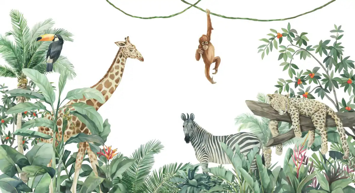 Illustration of various jungle animals including a giraffe, zebra, and monkey among foliage.