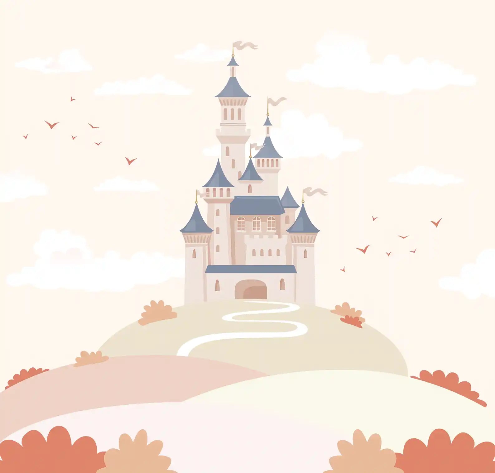 Fantasy castle on a hill with birds flying in the sky