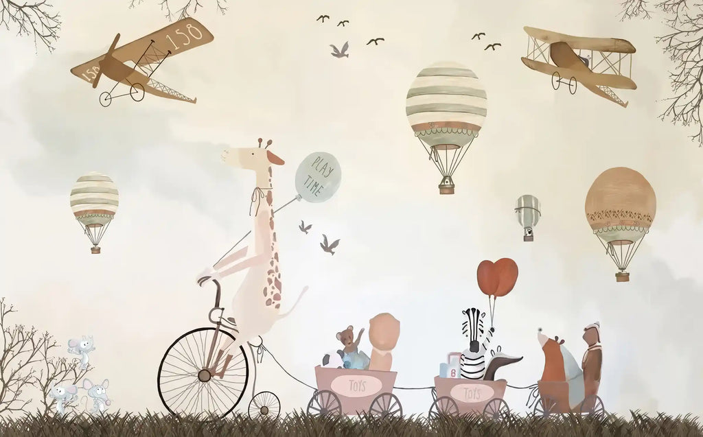 Illustration of animals with balloons and a bicycle in a whimsical setting
