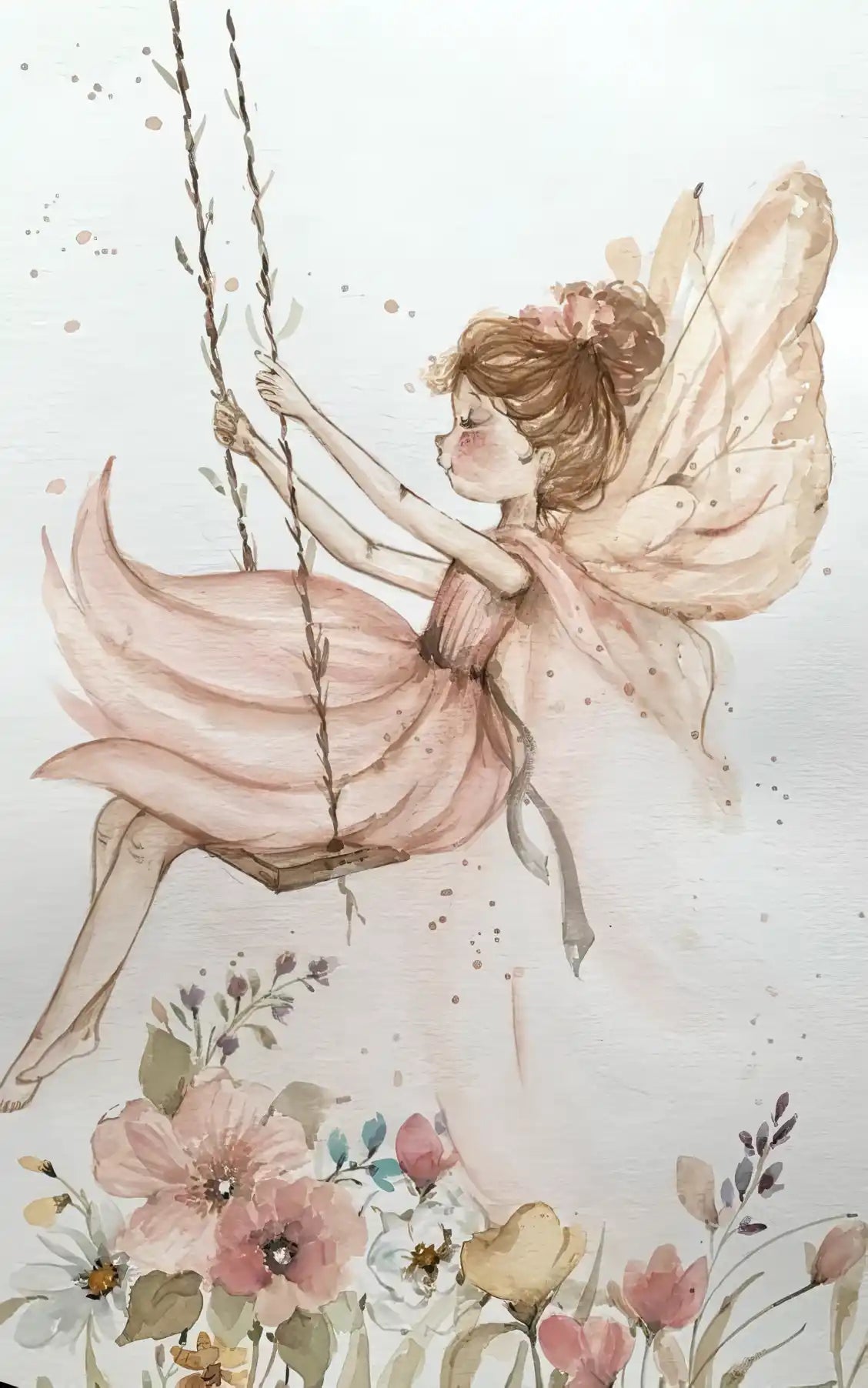 Illustration of a fairy holding a branch with flowers and butterflies in the background