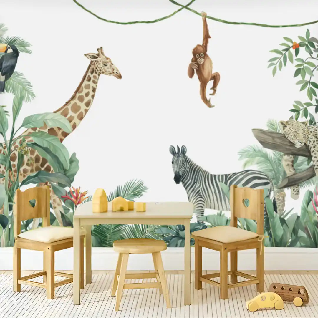 Children's play area with wooden furniture against a jungle-themed wall mural.