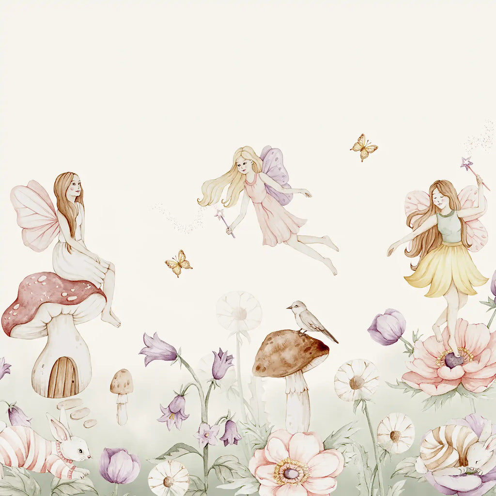 Illustration of a fairy holding a branch with flowers and butterflies in the background