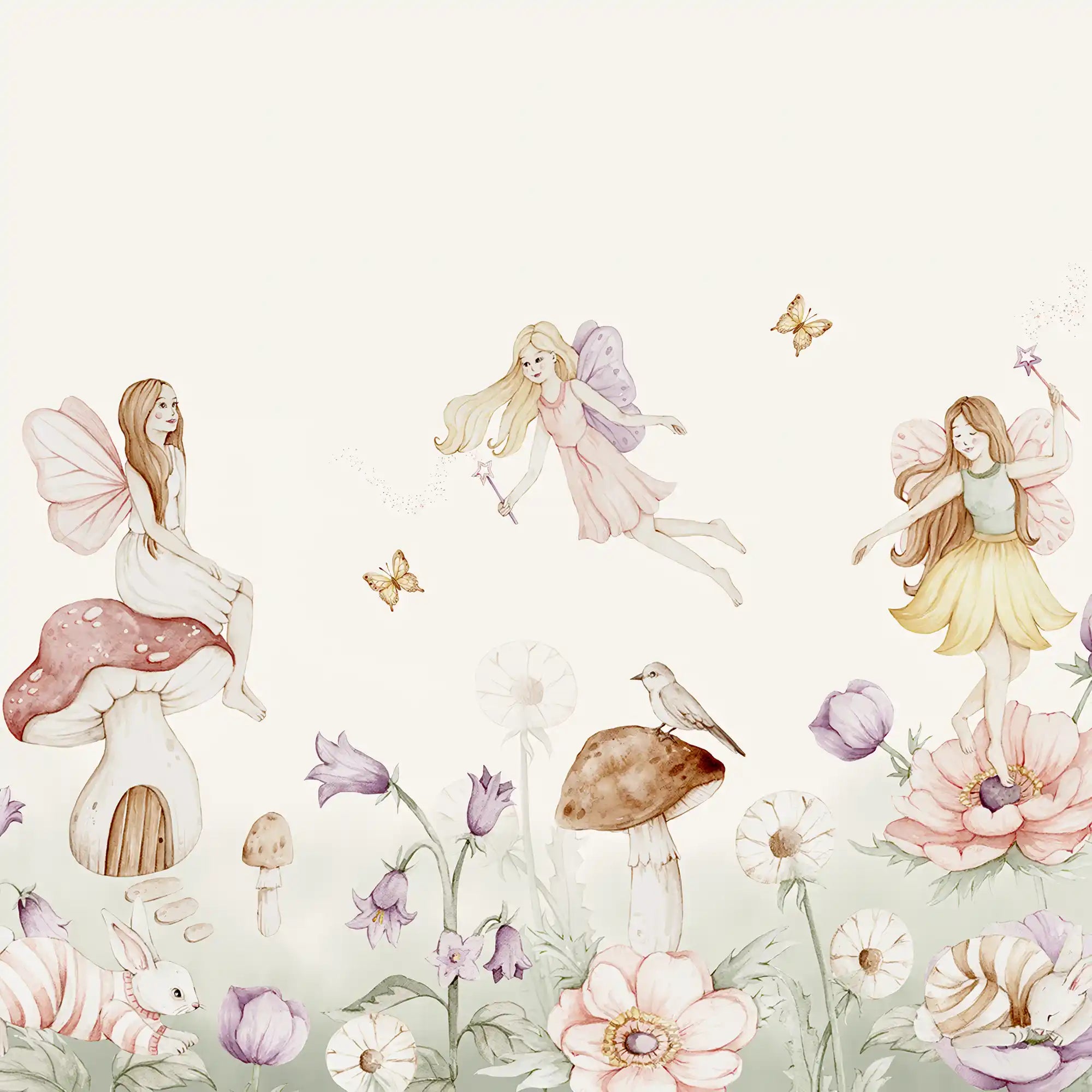 Illustration of a fairy holding a branch with flowers and butterflies in the background