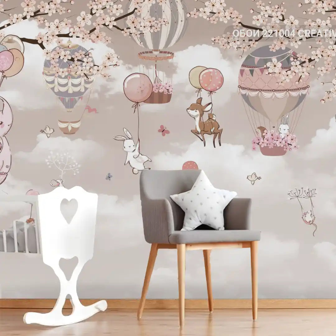 Children's room with decorative wallpaper featuring hot air balloons and animals, a chair with a star pillow, and a white rocking horse.
