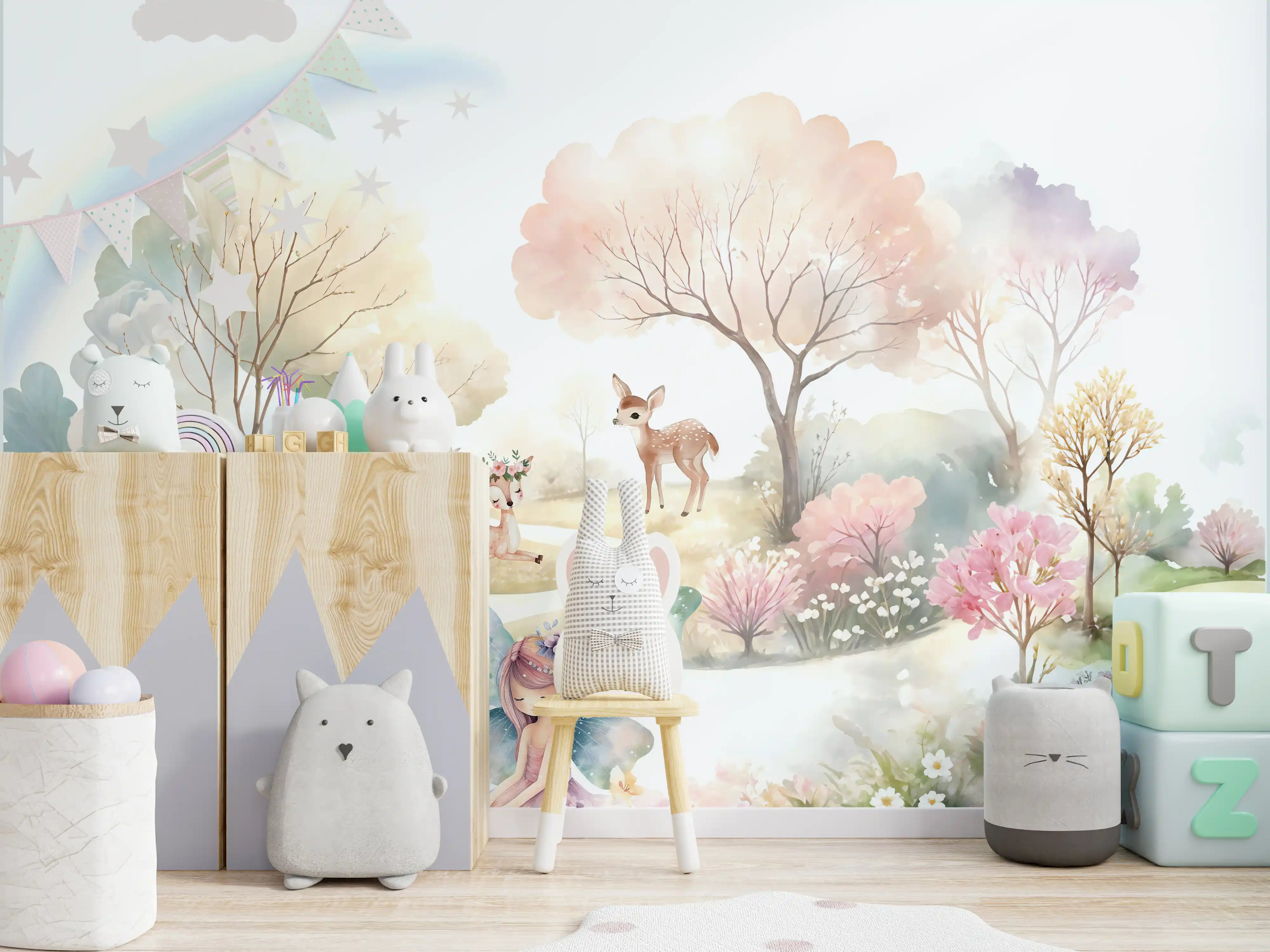 Children's room with ocean-themed wallpaper, crib, and stuffed animal.