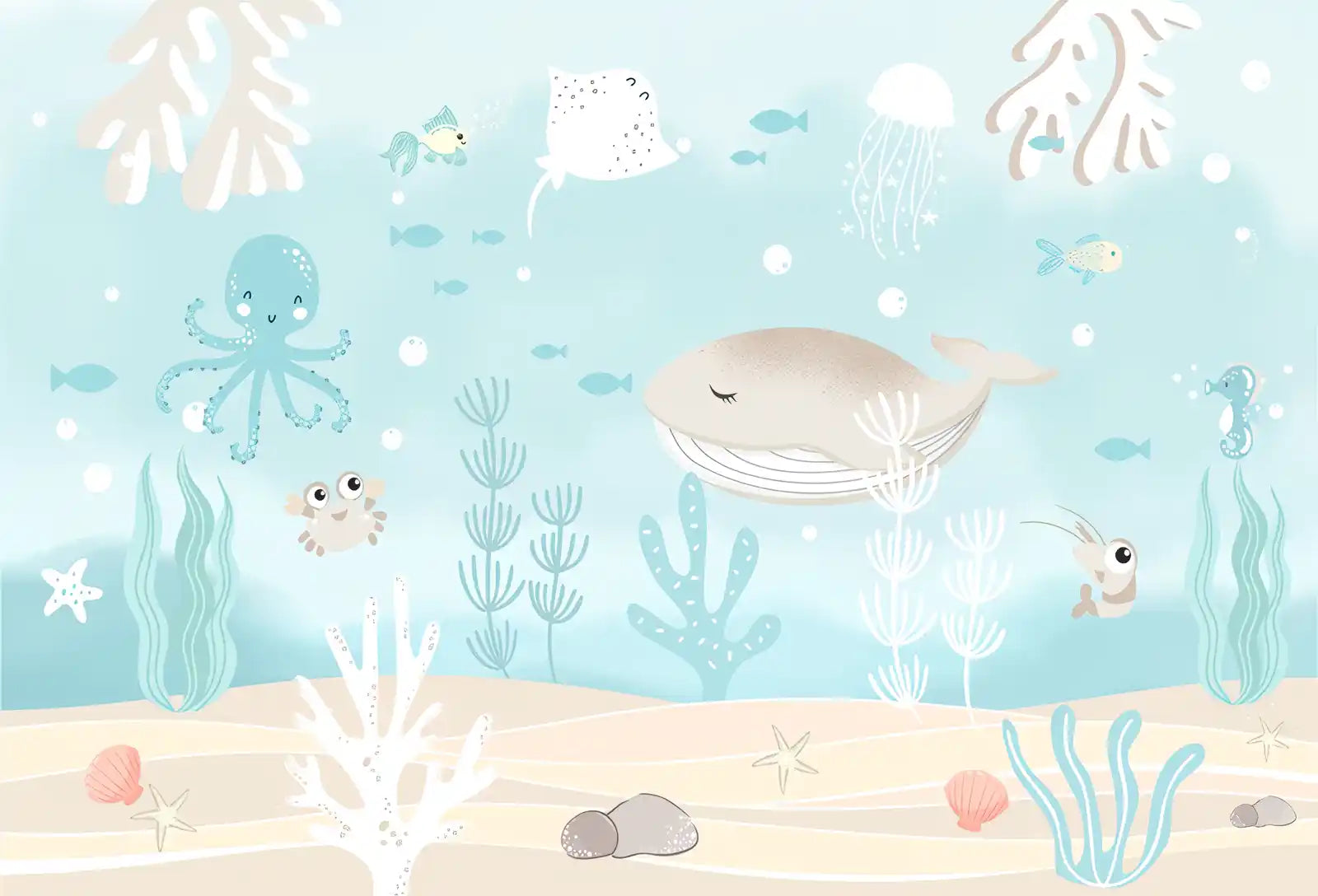 Underwater scene with whale, octopus, and fish on a light blue background