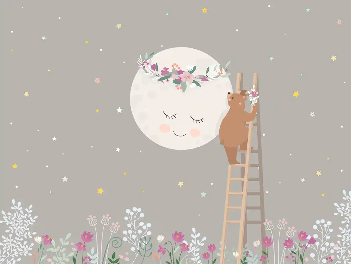 Illustration of a bear climbing a ladder to reach a floral wreath on a moon, with a starry background and flowers at the bottom.