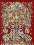 Decorative fabric with intricate peacock and floral pattern on a red background