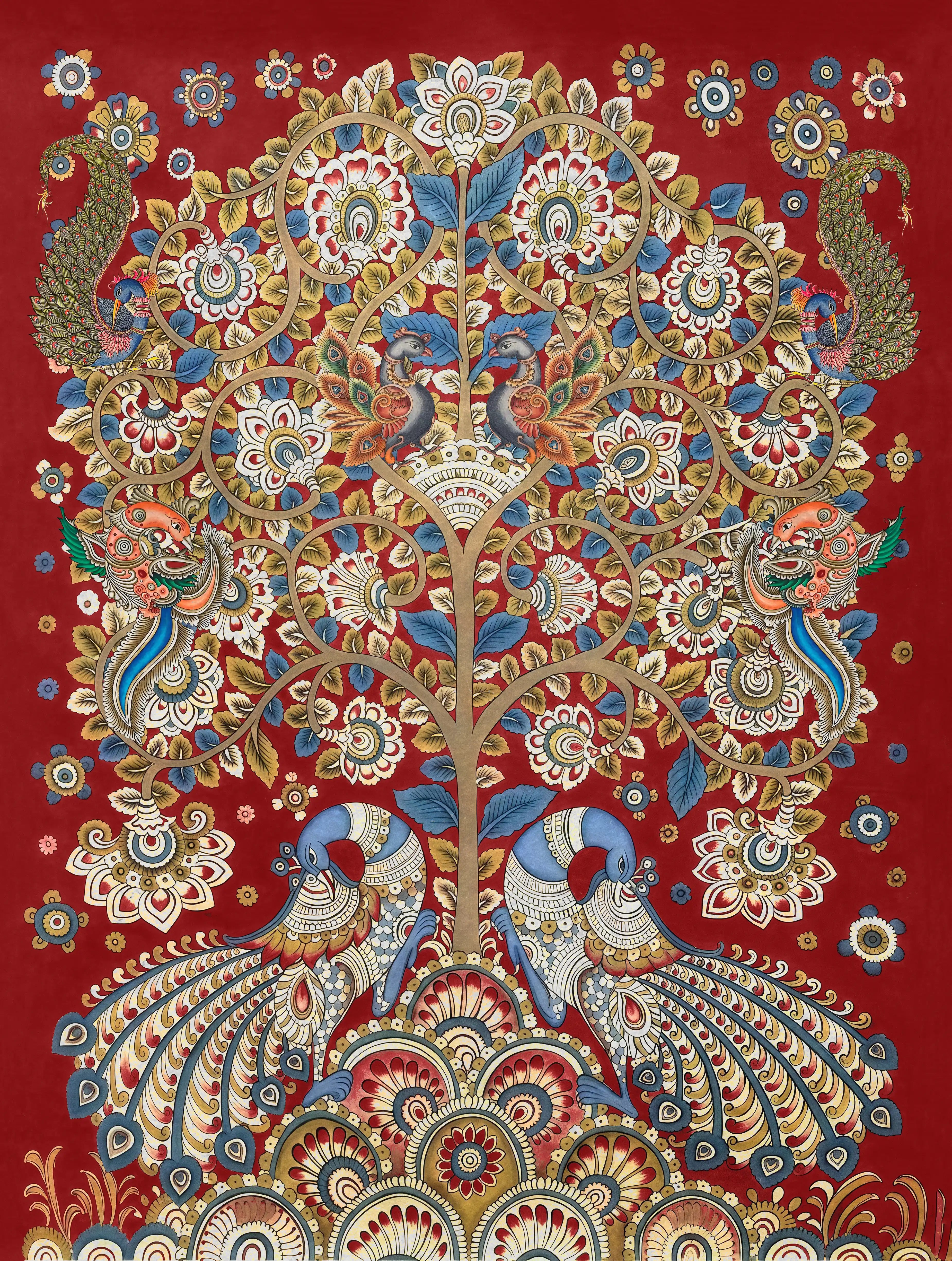 Decorative fabric with intricate peacock and floral pattern on a red background