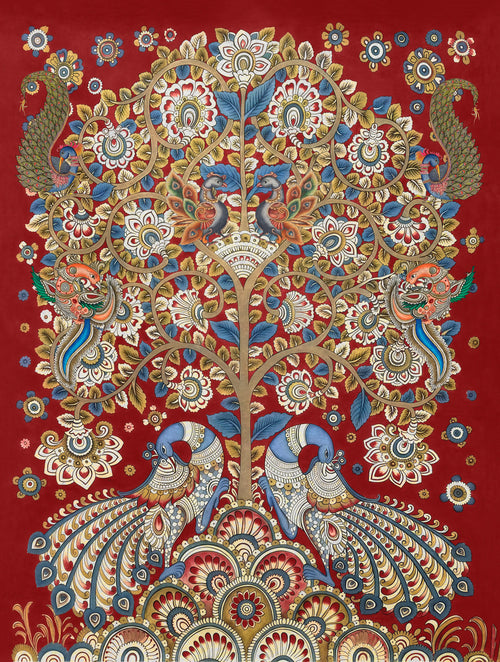 Decorative fabric with intricate peacock and floral pattern on a red background