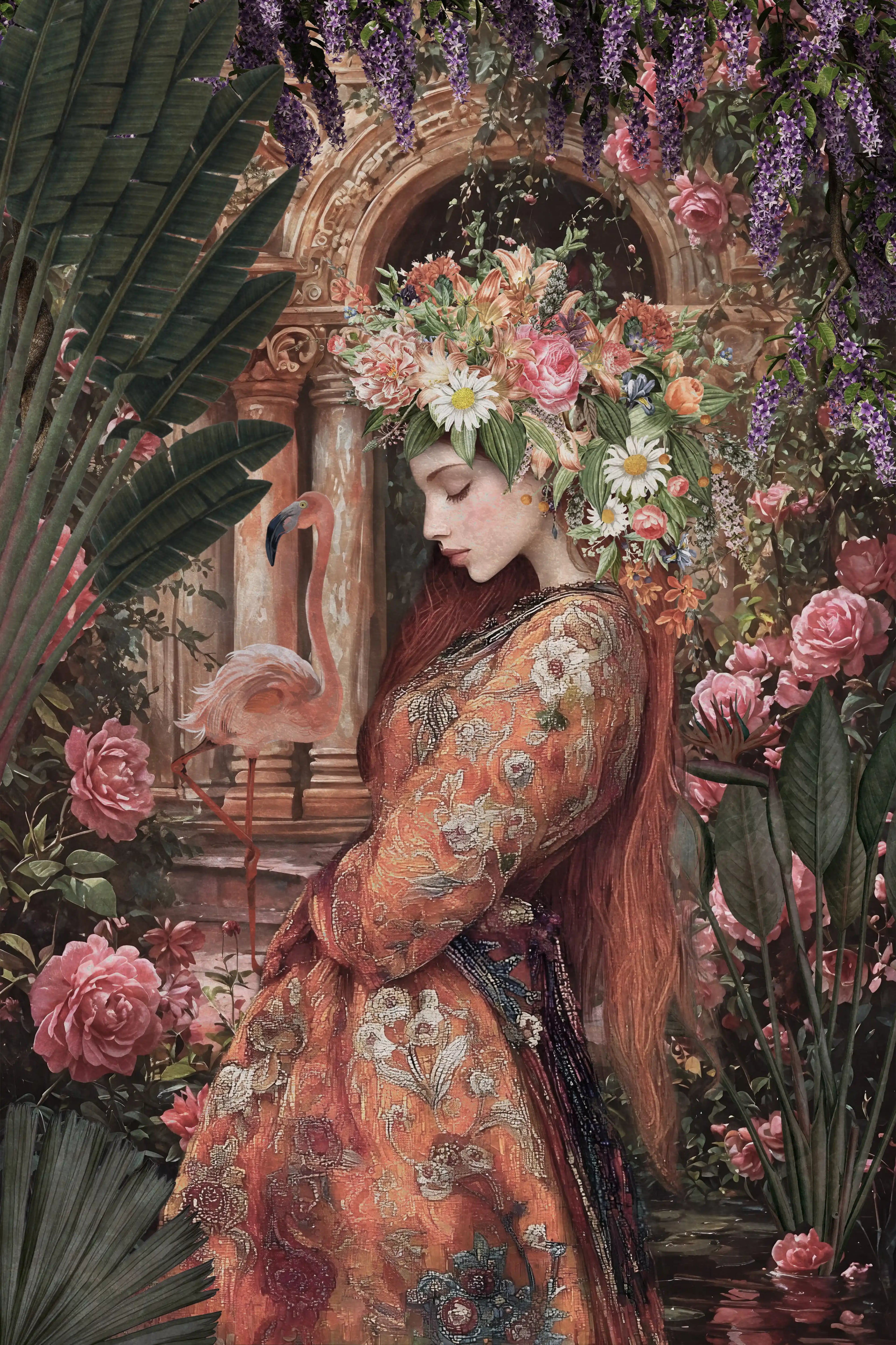 Woman in a floral dress and wreath surrounded by flowers and plants