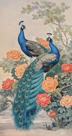 Two peacocks among flowers on a floral background