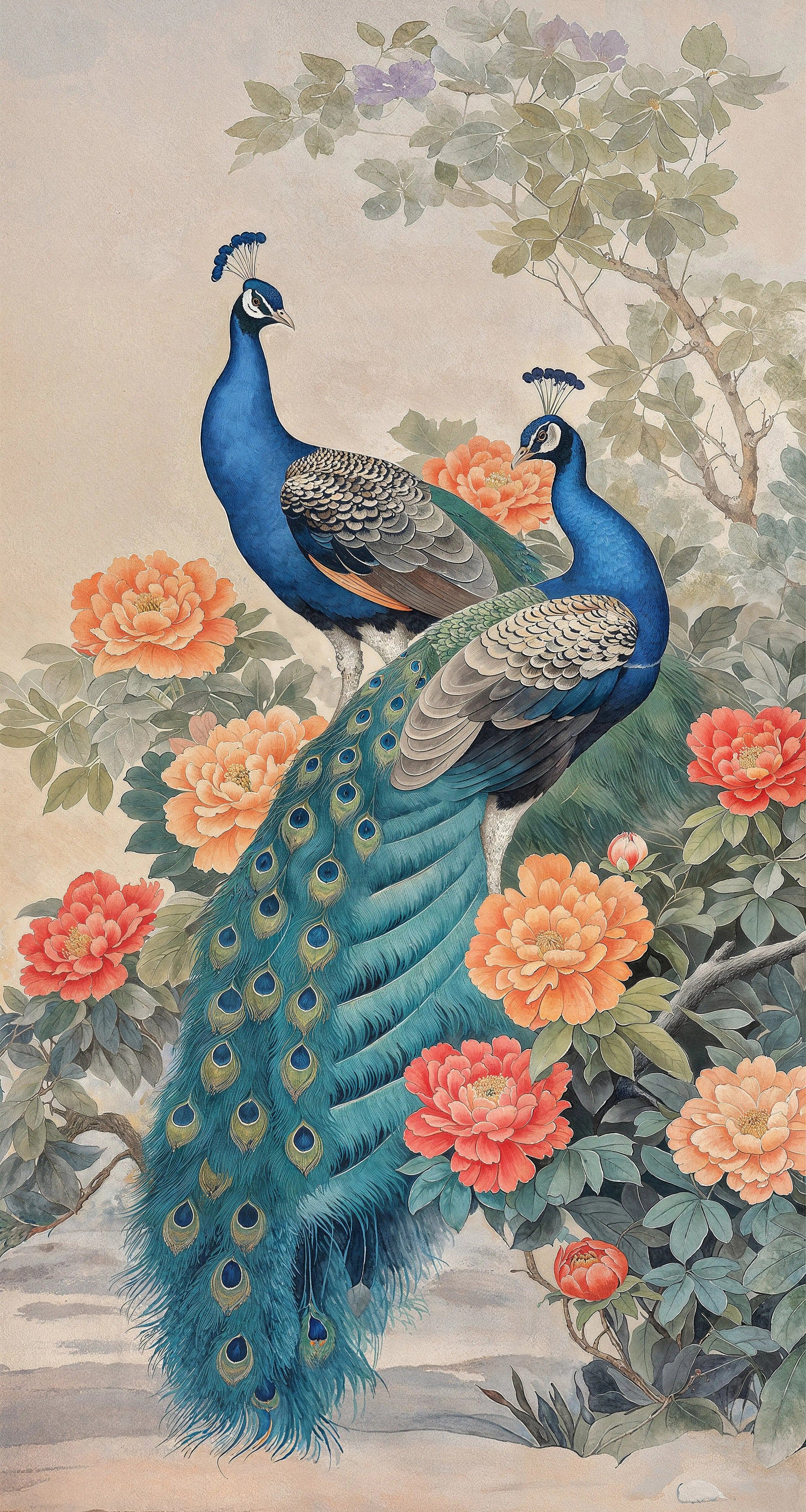 Two peacocks among flowers on a floral background