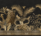 Decorative wallpaper with gold jungle scene on a black background