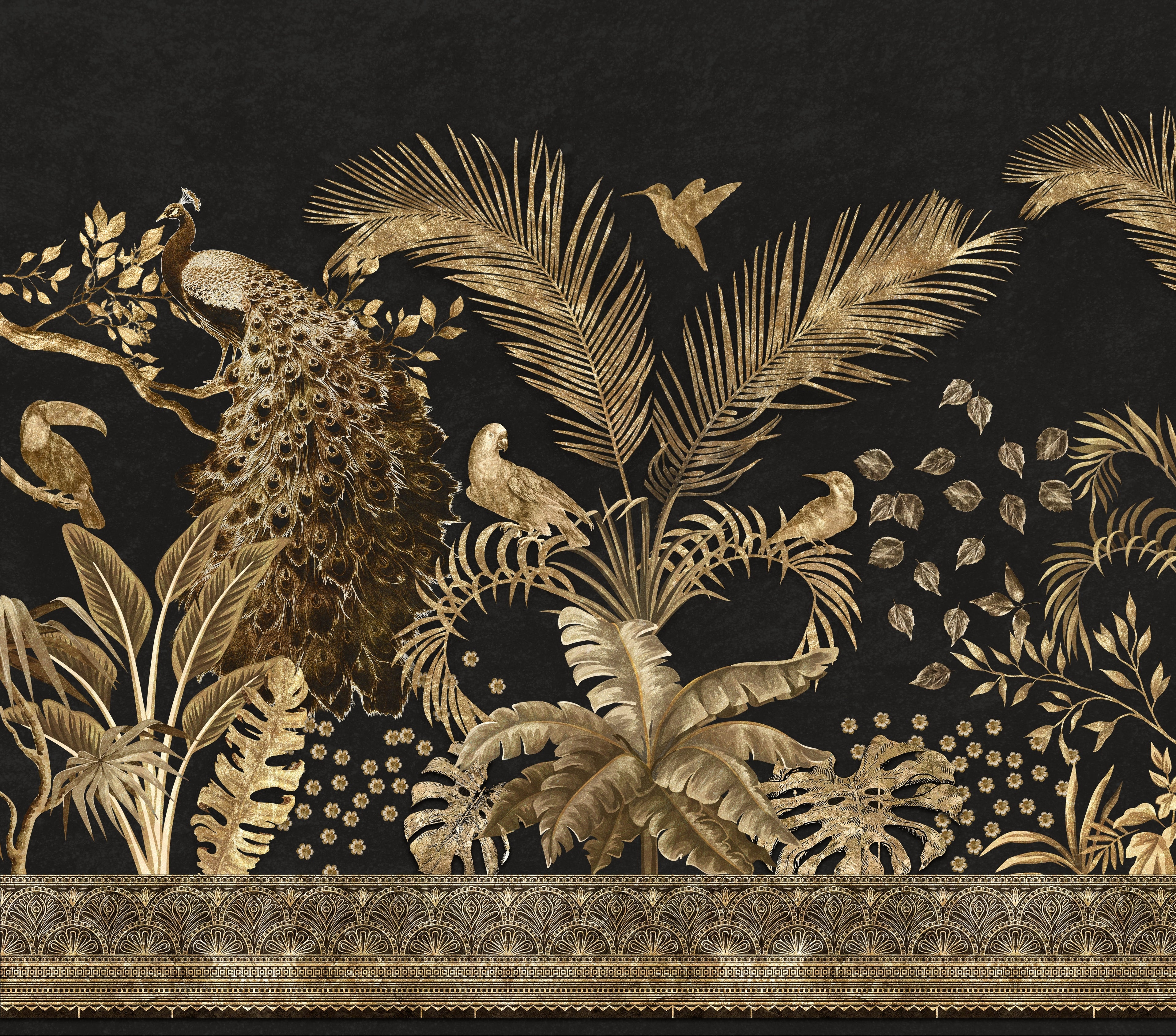 Decorative wallpaper with gold jungle scene on a black background