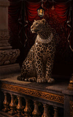 Decorative leopard statue on an ornate platform with red curtains in the background