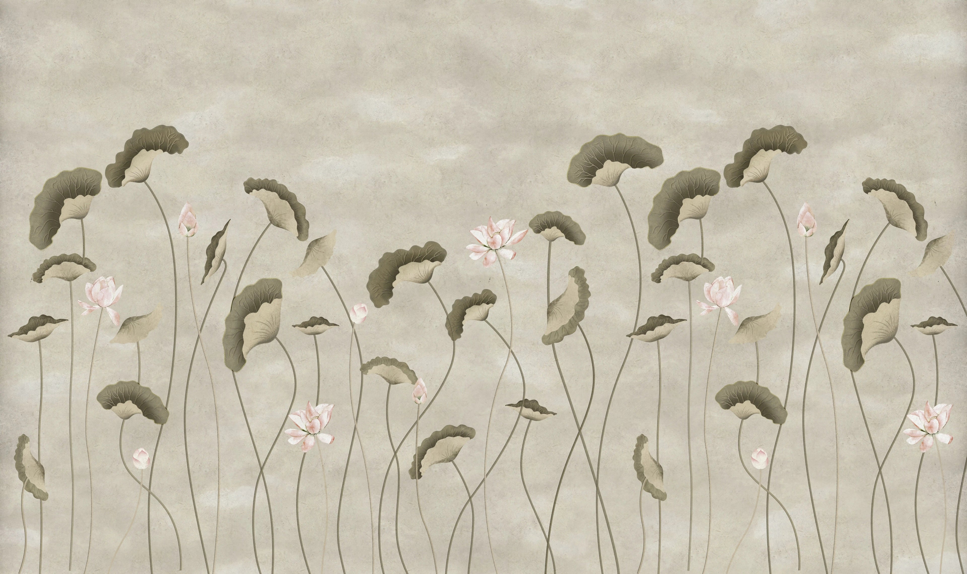 Decorative wallpaper with stylized floral design on a beige background