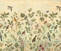 Decorative wallpaper with birds and floral patterns on a light background