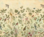 Decorative wallpaper with birds and floral patterns on a light background