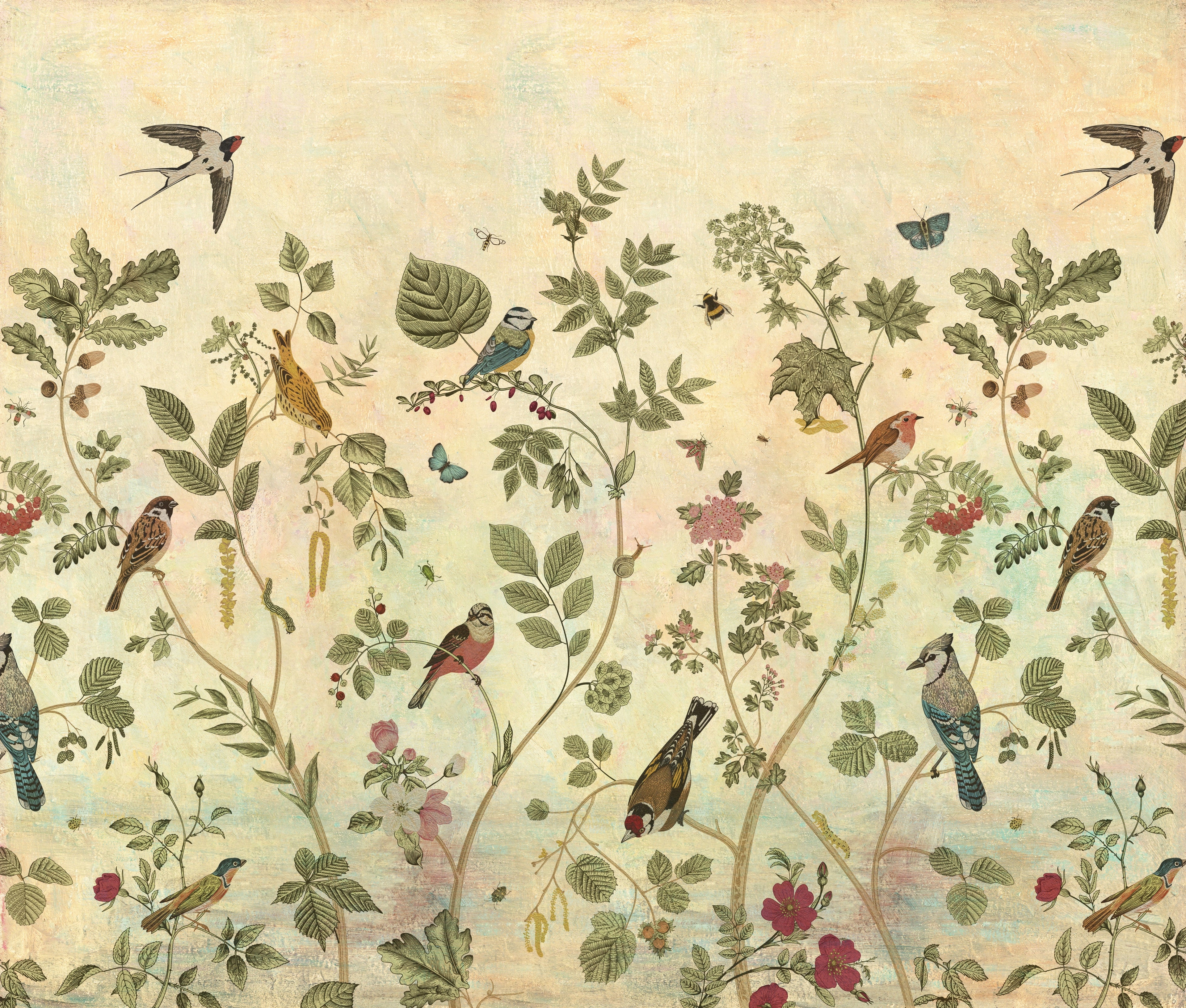 Decorative wallpaper with birds and floral patterns on a light background