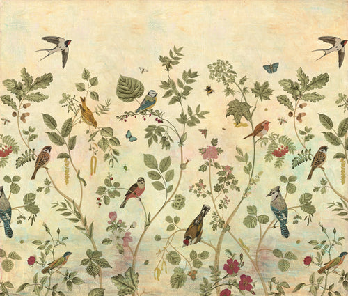 Decorative wallpaper with birds and floral patterns on a light background