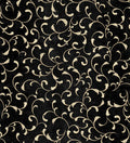 Decorative pattern of gold swirls on a black background