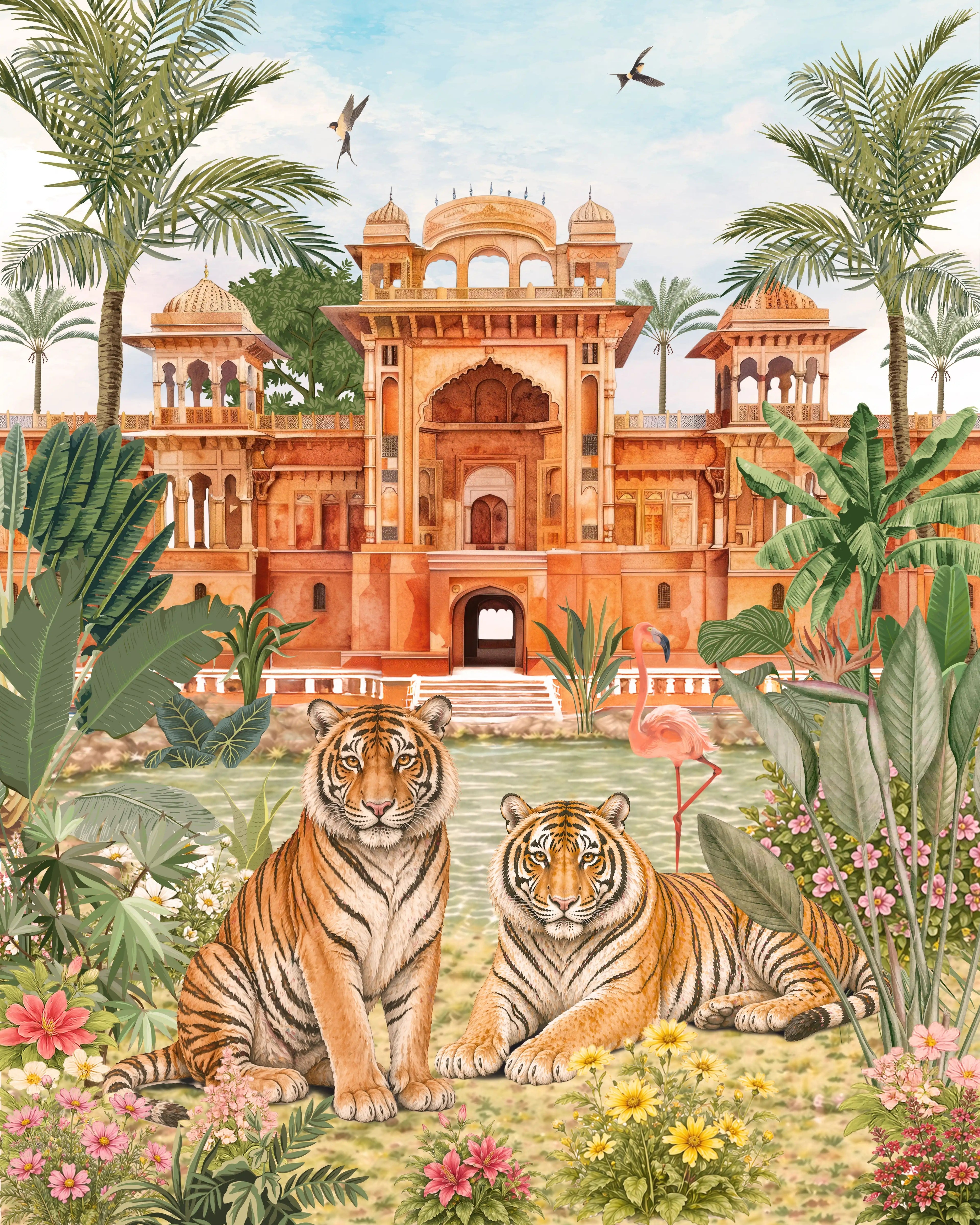 Two tigers in a tropical setting with a palace and palm trees in the background.