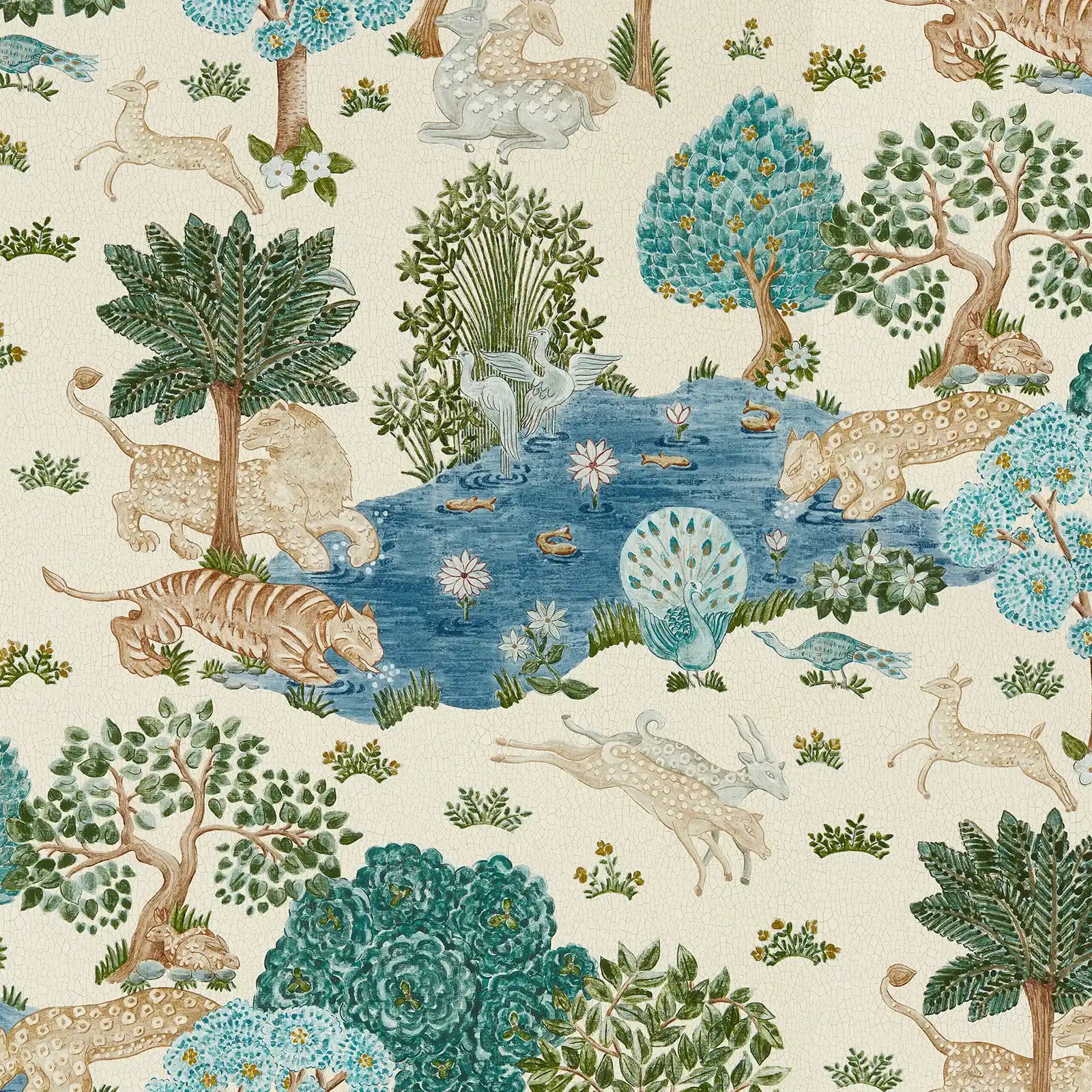 Patterned fabric with animals and nature elements on a beige background