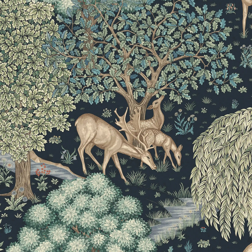 Folklore-style illustration of deer in a forest with trees and foliage.