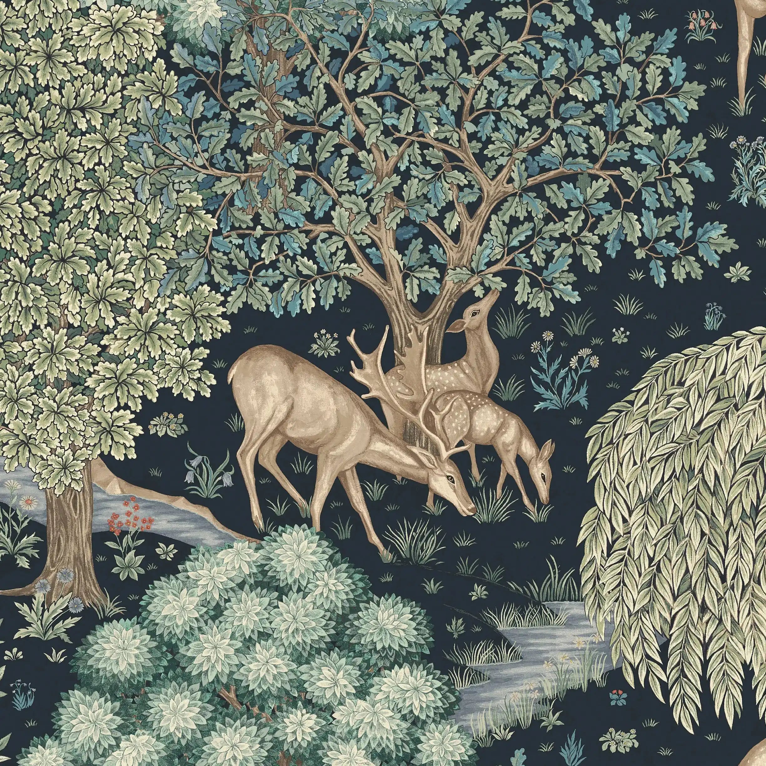Folklore-style illustration of deer in a forest with trees and foliage.