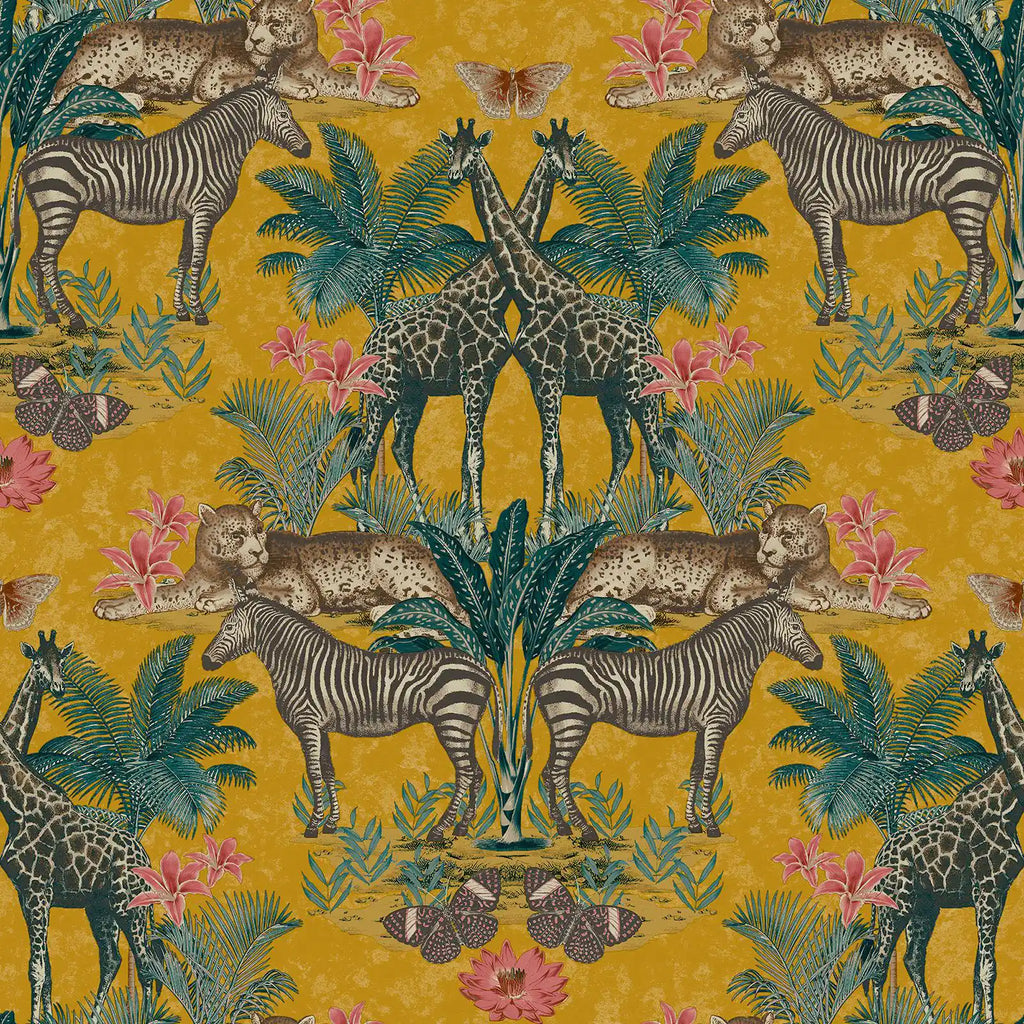 Patterned fabric with zebras, giraffes, and leopards on a yellow background