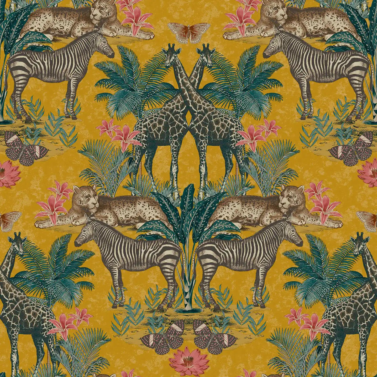 Patterned fabric with zebras, giraffes, and leopards on a yellow background