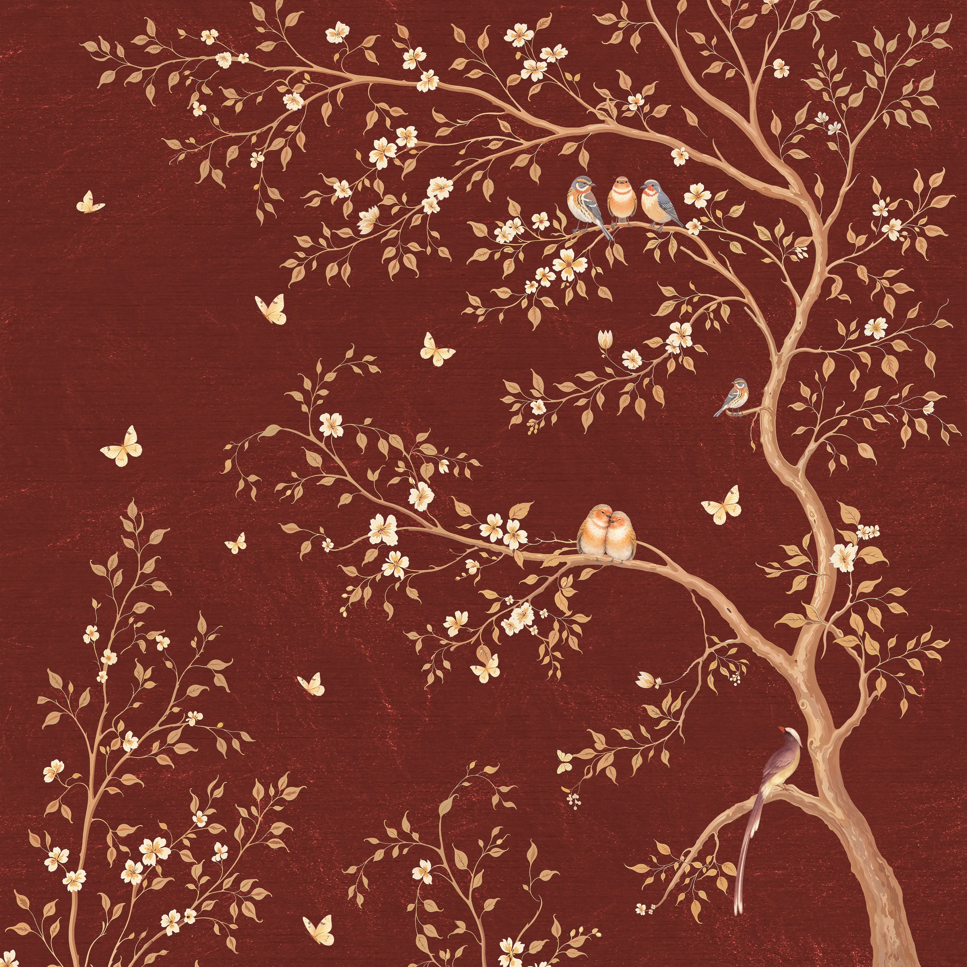 Decorative wallpaper with birds and flowers on a red-brown background