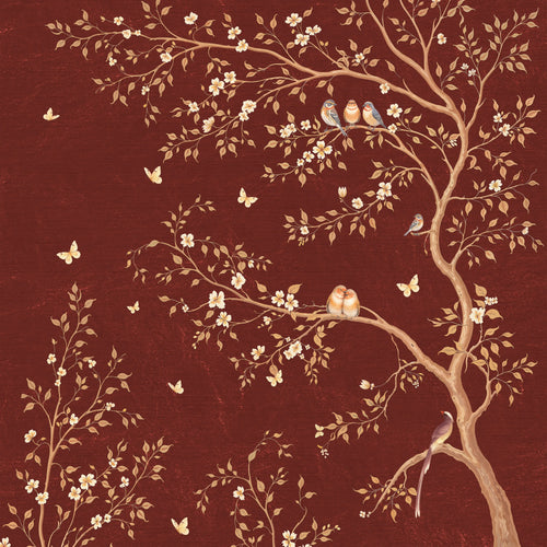 Decorative wallpaper with birds and flowers on a red-brown background