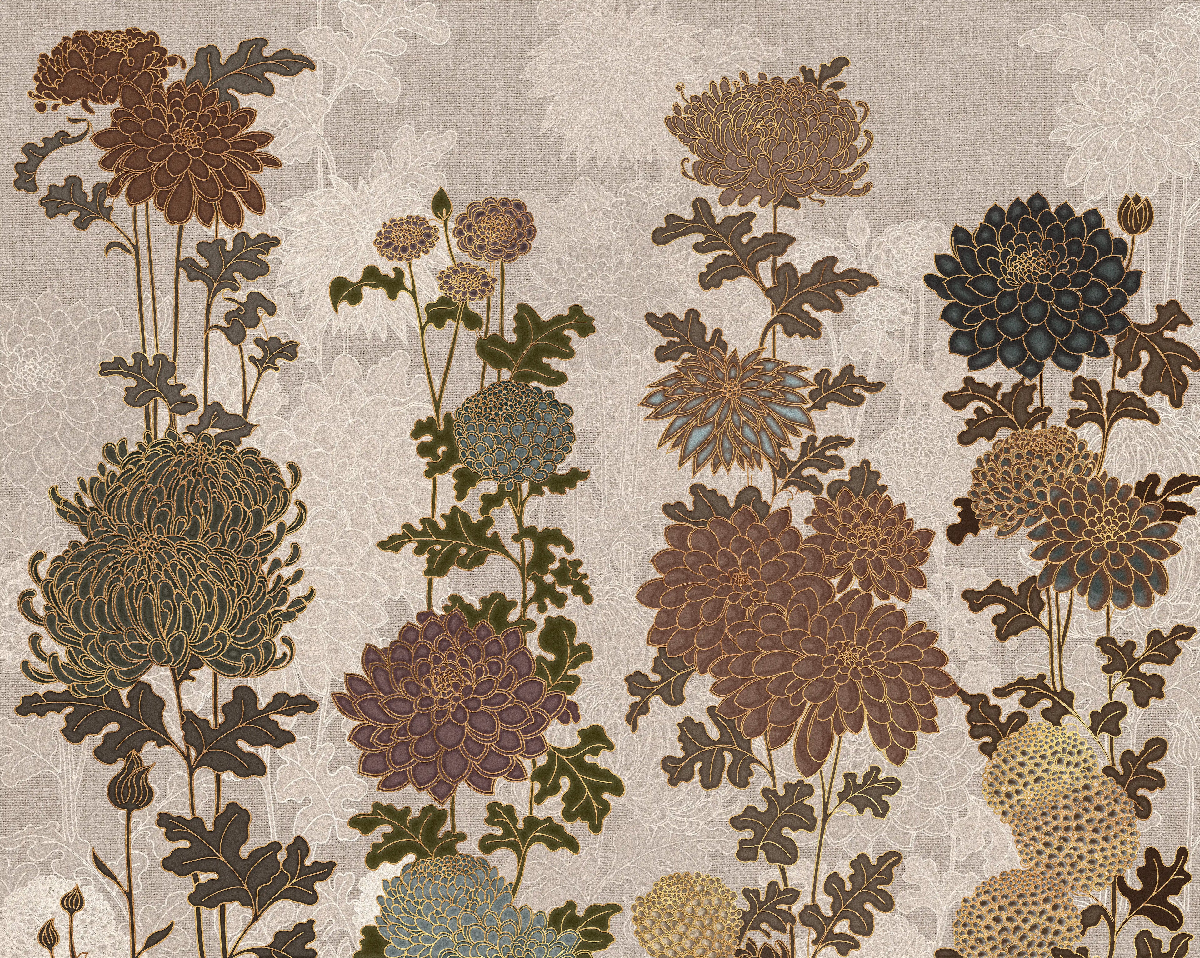 Patterned wallpaper with stylized floral designs in brown and green on a beige background