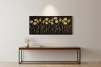 Floral artwork on a wall above a wooden console table.