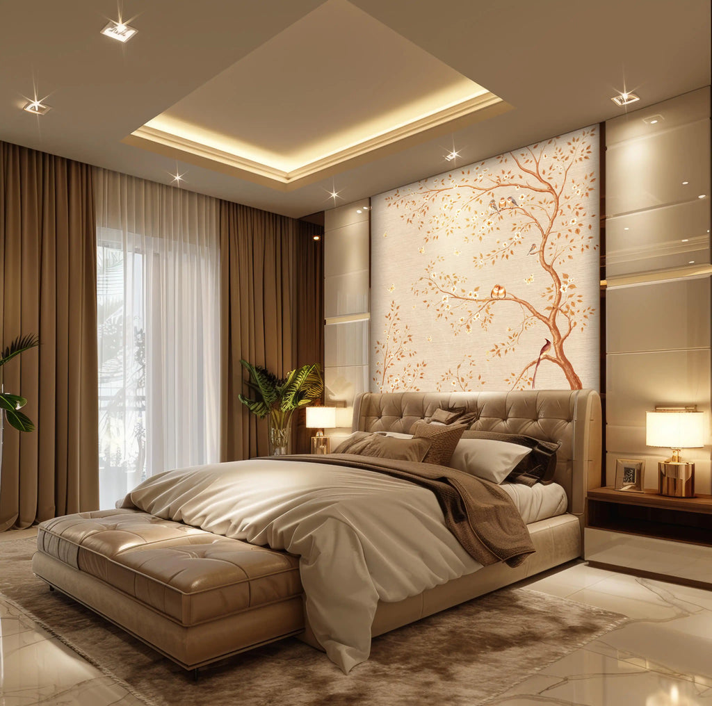 Modern bedroom with a large bed, decorative wall, and stylish lighting.