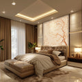 Modern bedroom with a large bed, decorative wall, and stylish lighting.