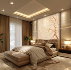 Modern bedroom with a large bed, decorative wall, and stylish lighting.